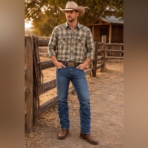 Wrangler Plaid Western Snap Shirt XL Tan Teal Pearl Snap Cowboy